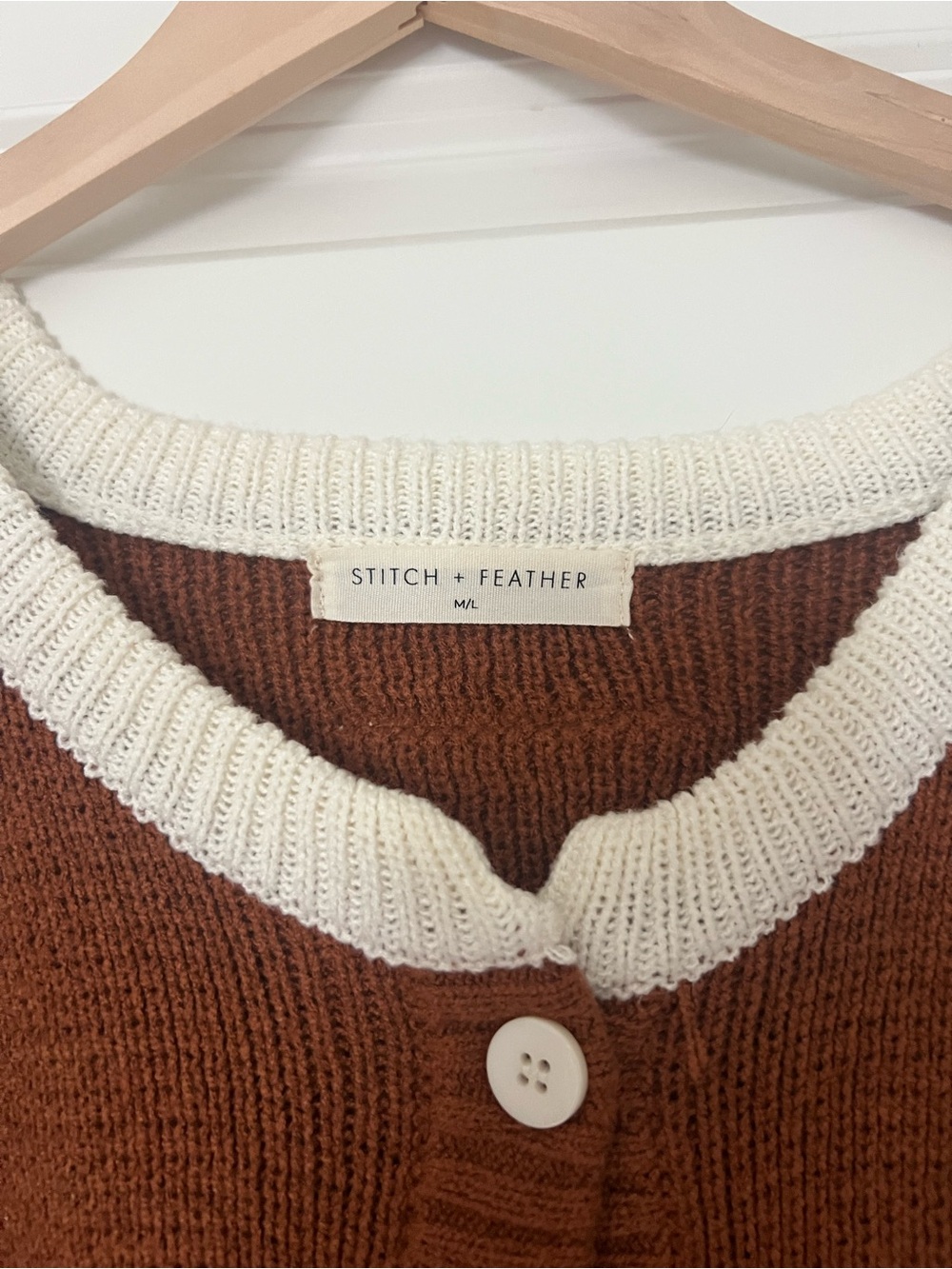 Women's Chestnut Button-Front Cardigan with Cream Trim - Picture 3 of 6